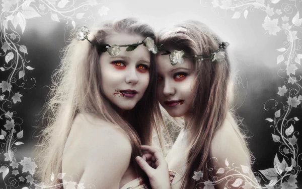 A hauntingly beautiful HD wallpaper featuring two dark, vampire-like figures adorned with floral crowns, showcasing intense red eyes against a soft, dreamy background.
