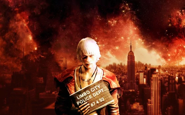 HD PC desktop wallpaper featuring a character from the video game DmC: Devil May Cry against a fiery, apocalyptic cityscape background.