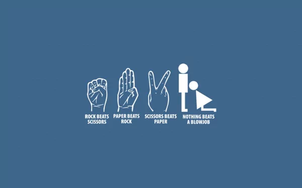 Funny HD PC desktop wallpaper: blue background with four white icons—fist (rock), open hand (paper), scissors, and a comical final icon—each labeled with playful rock-paper-scissors captions.
