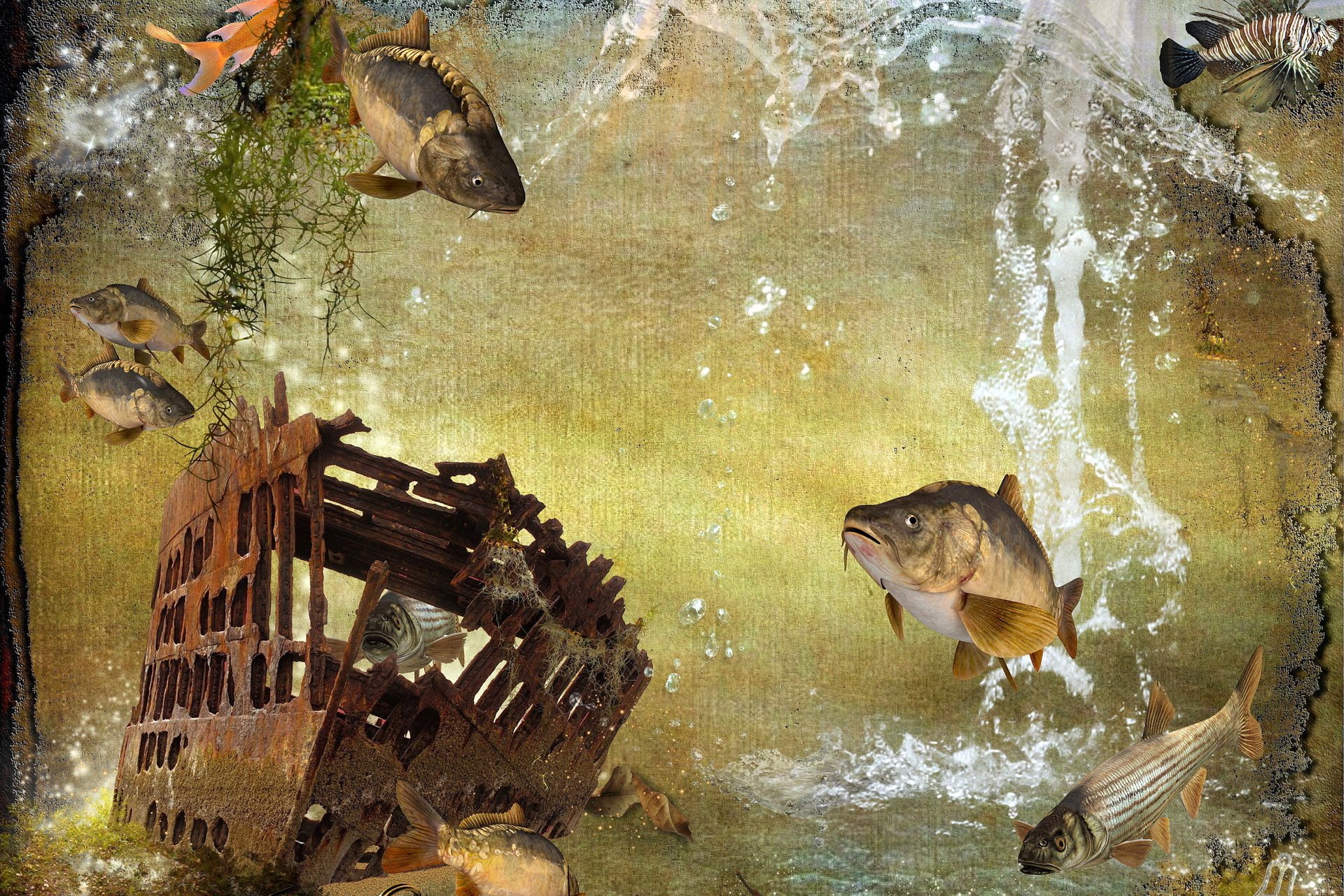 HD PC desktop wallpaper of fish (animal) swimming through a sunlit, textured underwater scene with bubbles and a rusted, broken crate.