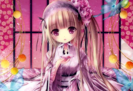 HD anime original desktop wallpaper featuring a girl with long pink hair, purple eyes, and floral accessories against a vibrant pink and orange decorative background.