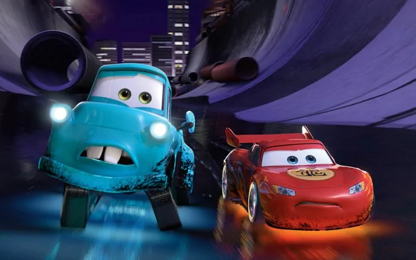 HD desktop wallpaper and background featuring characters from the movie Cars 2 racing through a tunnel, showcasing vibrant, animated car characters in action.