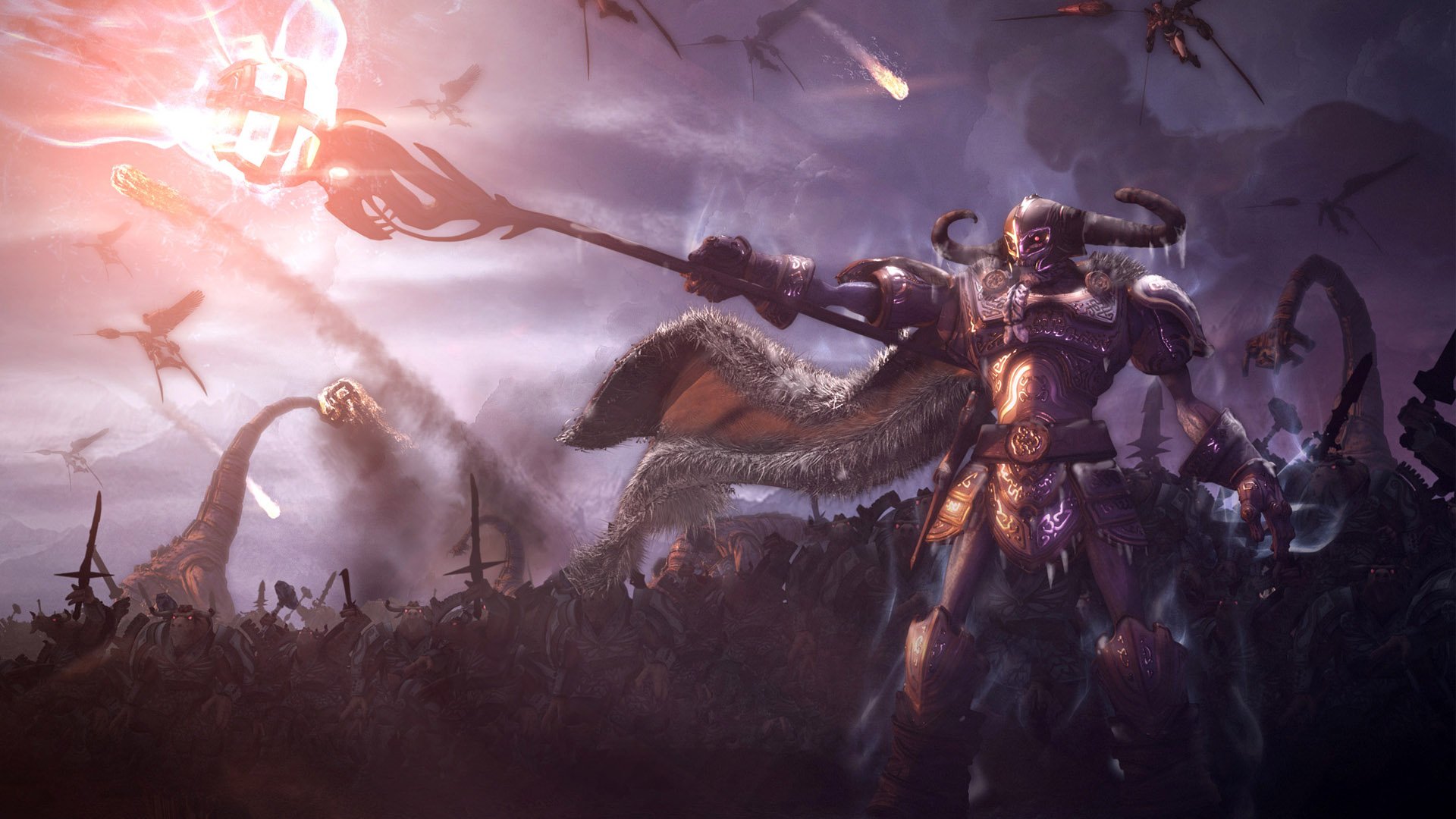 HD fantasy battle scene on a PC desktop wallpaper, featuring armored warriors clashing under a stormy sky with dynamic lighting and intense action.