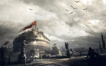 HD PC desktop wallpaper of a moody, cloudy scene from the video game Assassin's Creed: Brotherhood featuring a historic fortress with flying birds.