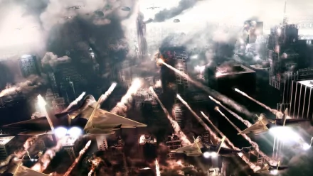 An intense HD wallpaper from the video game World In Conflict, showcasing a chaotic battlefield with aerial combat and destruction in a cityscape engulfed in smoke and explosions.