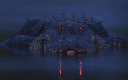 A striking HD desktop wallpaper featuring a menacing alligator partially submerged in dark water, with glowing red eyes creating an atmospheric effect.