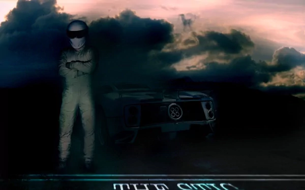 HD desktop wallpaper featuring The Stig from Top Gear standing next to a car with stormy skies in the background.