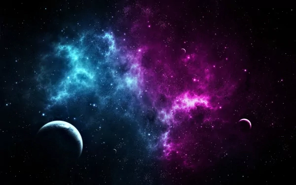 A captivating sci-fi scene featuring vibrant clouds of pink and blue nebulas, with celestial bodies amidst a starry backdrop, serving as a stunning HD desktop wallpaper.
