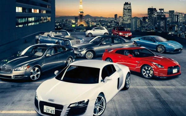HD Top Gear wallpaper featuring a lineup of high-end cars with a city skyline in the background.