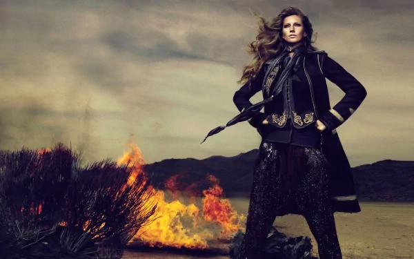 HD PC desktop wallpaper of a celebrity model striking a commanding pose in a dark coat before a blazing brush fire on a windswept plain.