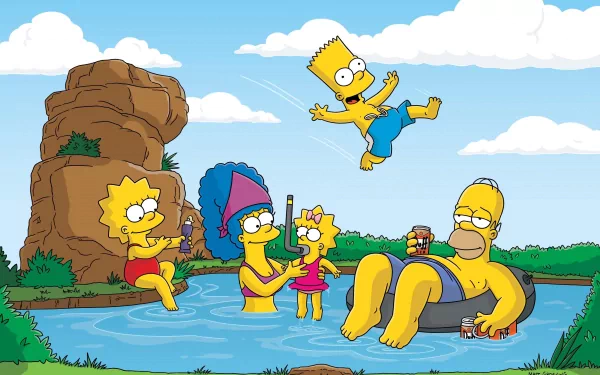 HD wallpaper of The Simpsons family in swimsuits enjoying a day at a swimming hole. Homer floats with a drink, Bart jumps, while Marge, Maggie, and Lisa play in the water.