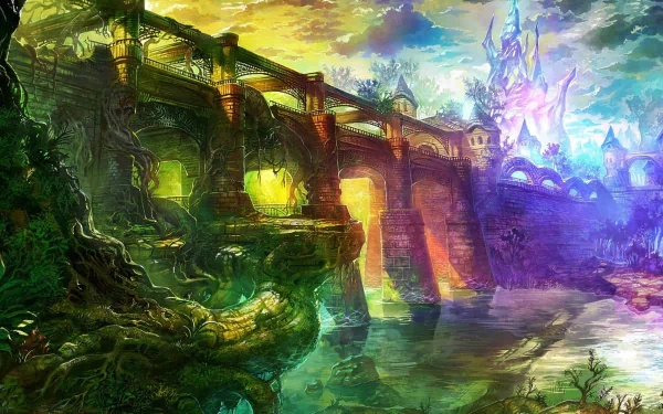 A vibrant HD wallpaper from the video game *Majin and the Forsaken Kingdom*, featuring a mystical landscape with an ancient bridge and a fantastical castle in a lush, colorful setting.