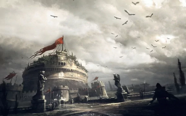 HD PC desktop wallpaper of a moody, cloudy scene from the video game Assassin's Creed: Brotherhood featuring a historic fortress with flying birds.