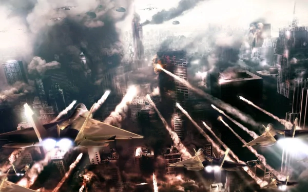 An intense HD wallpaper from the video game World In Conflict, showcasing a chaotic battlefield with aerial combat and destruction in a cityscape engulfed in smoke and explosions.