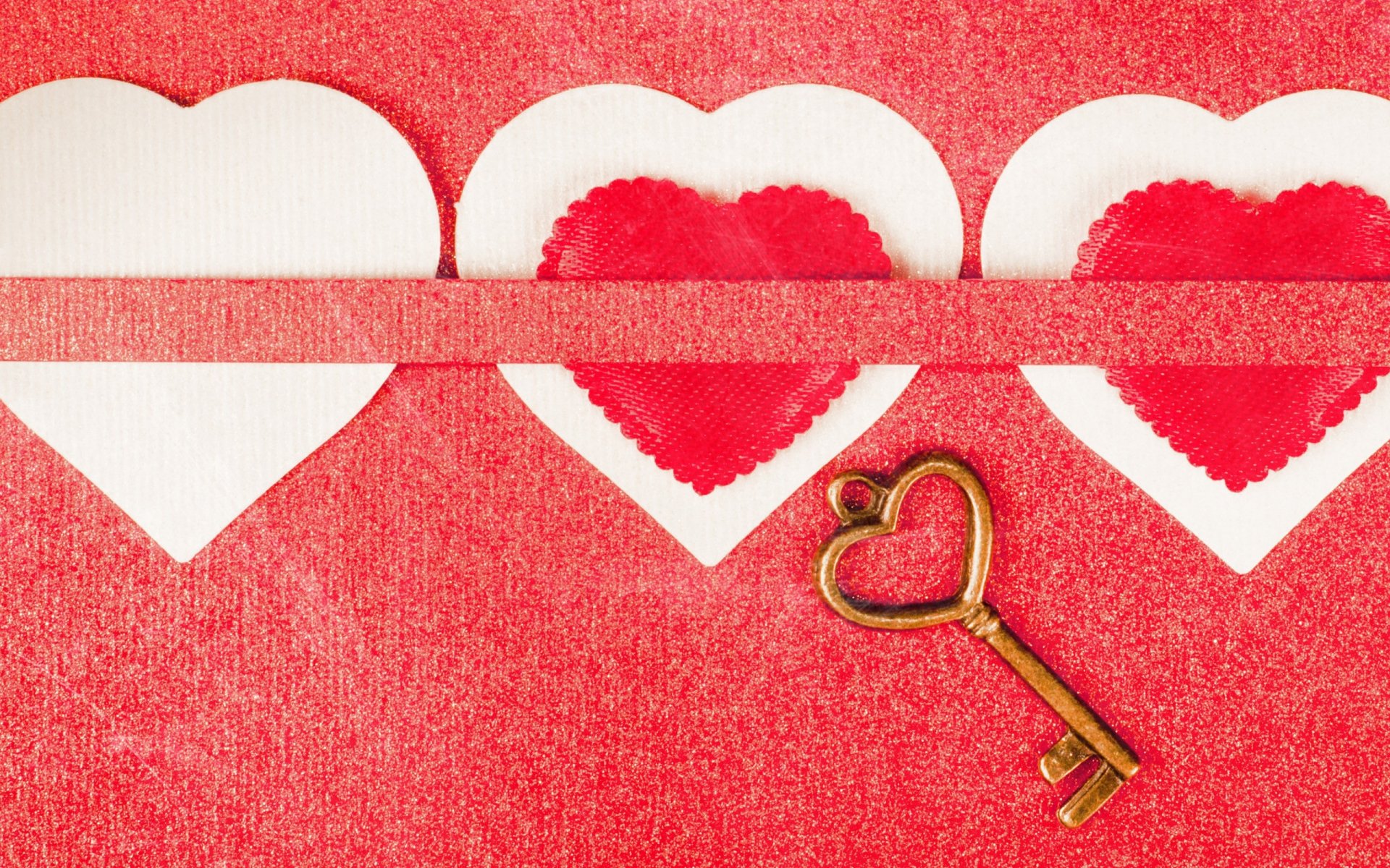 HD desktop wallpaper featuring white and red hearts and a gold heart-shaped key on a red textured background, themed for Valentine's Day holiday.