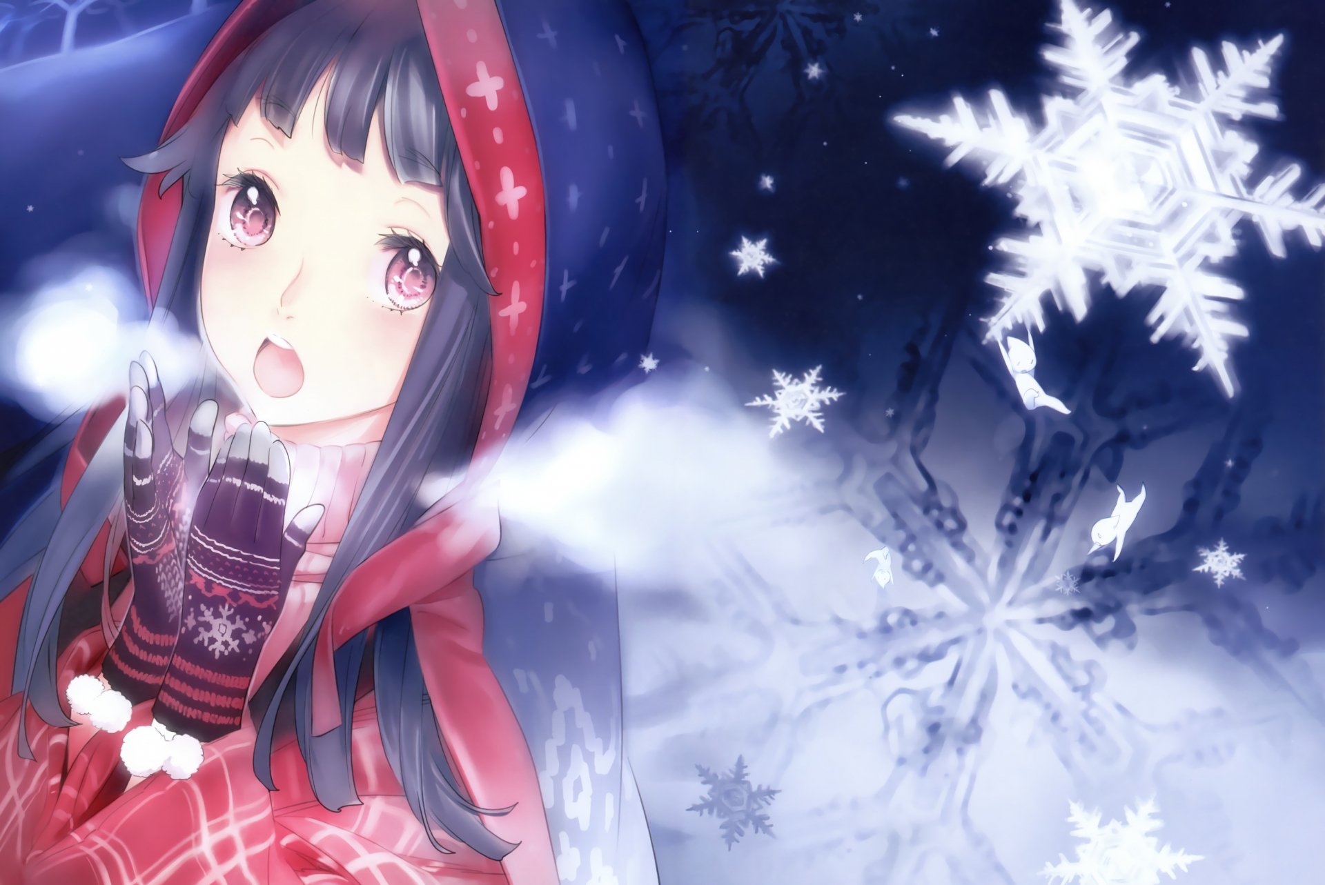 Anime-style HD desktop wallpaper featuring a winter scene with a girl in a hooded coat blowing snowflakes, surrounded by intricate snowflake designs in a cold, blue background.