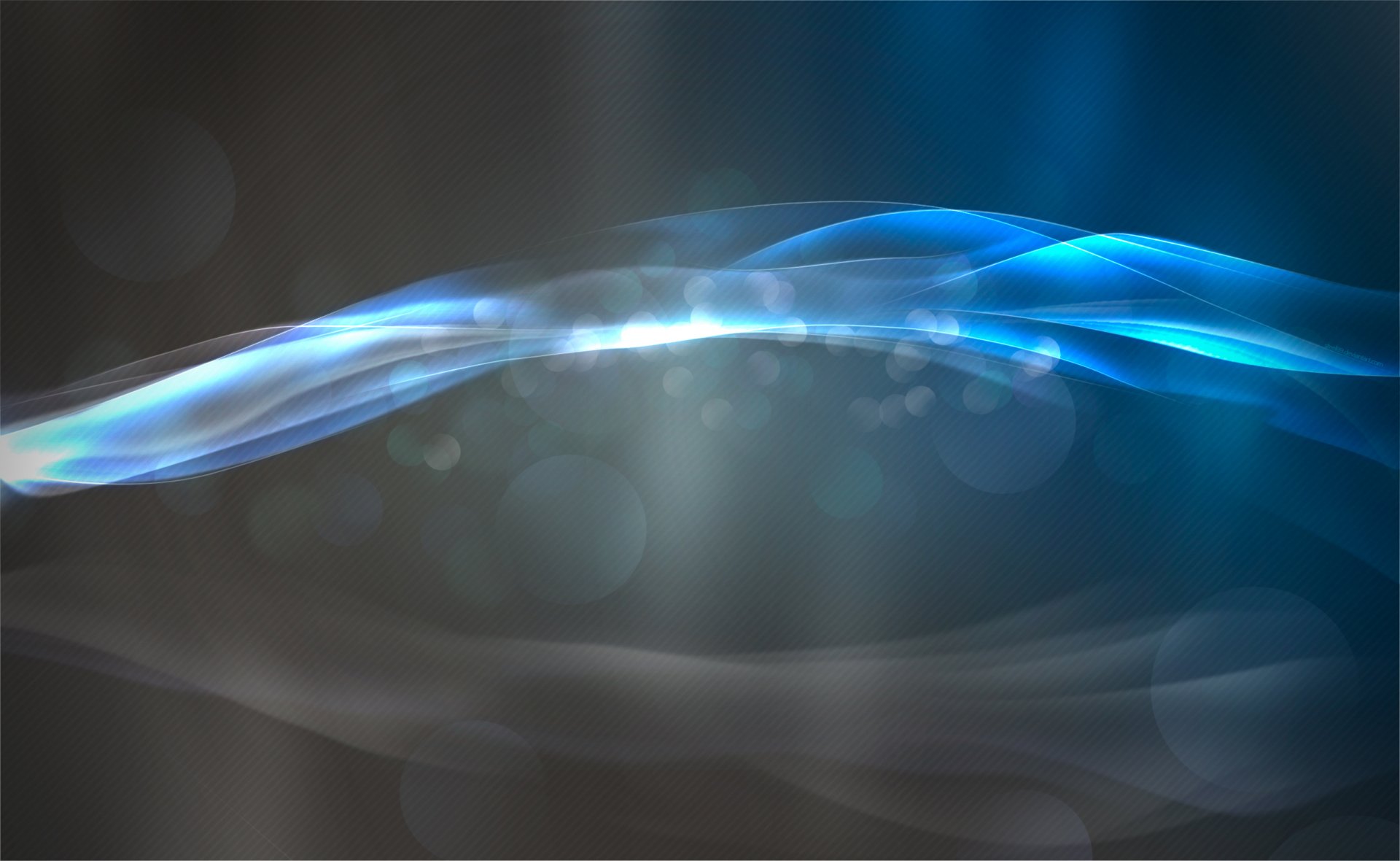 Abstract blue light waves flowing across a dark HD PC desktop wallpaper, soft bokeh highlights and translucent ribbons creating a serene background.