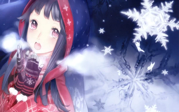 Anime-style HD desktop wallpaper featuring a winter scene with a girl in a hooded coat blowing snowflakes, surrounded by intricate snowflake designs in a cold, blue background.