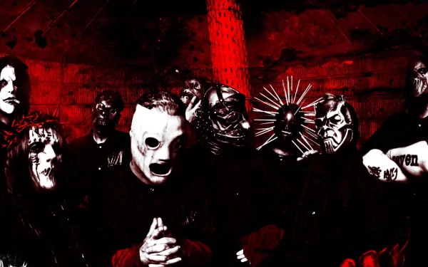 A striking HD wallpaper featuring the heavy metal band Slipknot, showcasing their distinctive masks and intense imagery, embodying the essence of industrial and nu metal music.