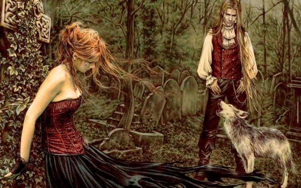 A dark, gothic HD wallpaper featuring a woman in a flowing dress and a man in vintage attire, accompanied by a wolf, set against a haunting graveyard backdrop.
