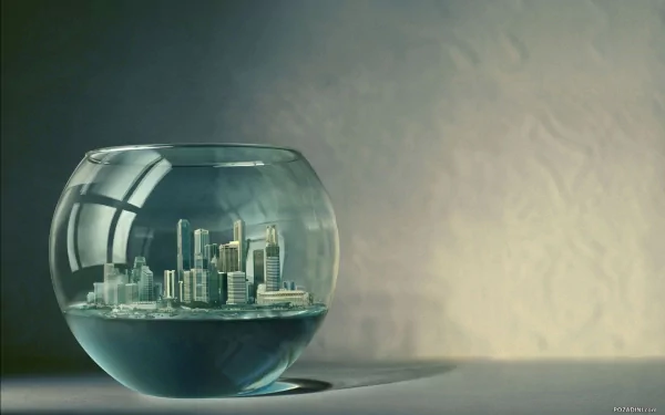 A captivating HD desktop wallpaper featuring a cityscape cleverly manipulated into a glass bowl, blending art and photography seamlessly.