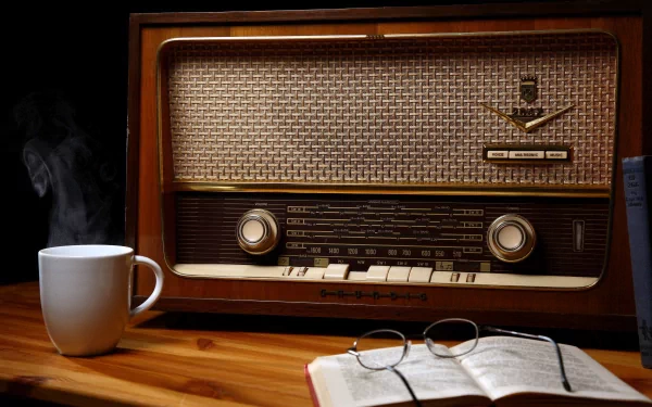 A vintage radio sits on a wooden surface next to a steaming mug, glasses, and an open book, creating a cozy atmosphere. This HD PC desktop wallpaper adds a nostalgic touch to any background.