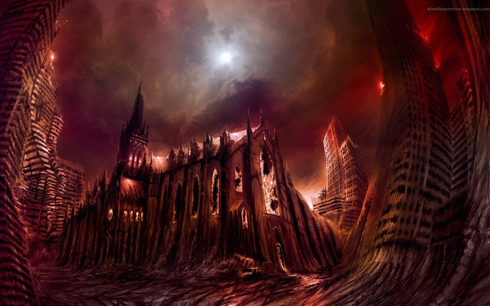 HD PC desktop wallpaper from the comic Romantically Apocalyptic, depicting a dark, ruined cathedral surrounded by twisted, collapsing buildings under a fiery sky.