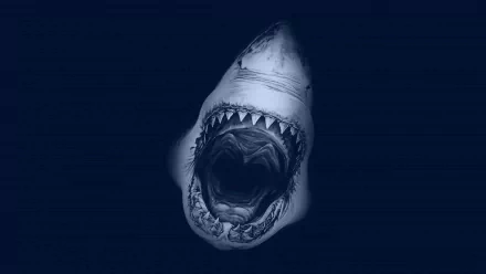 HD desktop wallpaper featuring a shark with an open mouth against a dark blue background.