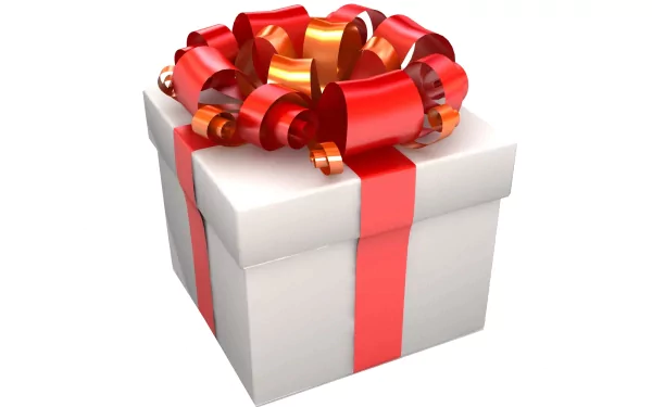 4K Ultra HD PC desktop wallpaper: white gift box wrapped with a red ribbon and elaborate curled bow on a clean white background — Misc, gift.