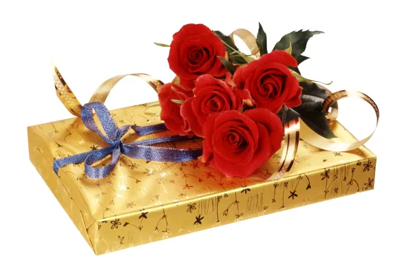 HD PC desktop wallpaper featuring a gold-wrapped gift box adorned with a blue ribbon and a bouquet of vibrant red roses, set against a clean white background.