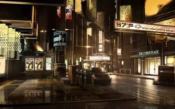 A cyberpunk city street at night from the video game Deus Ex: Human Revolution, featuring glowing neon signs and futuristic urban architecture in HD detail.