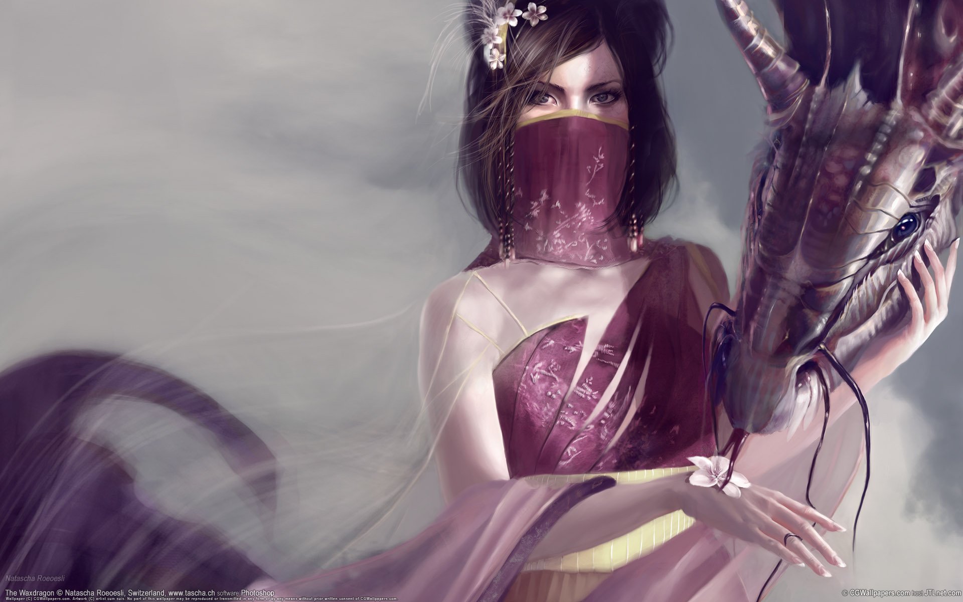 A mystical woman in elegant attire holds a dragon, set against a dreamy background. This HD wallpaper captures a captivating fantasy theme.