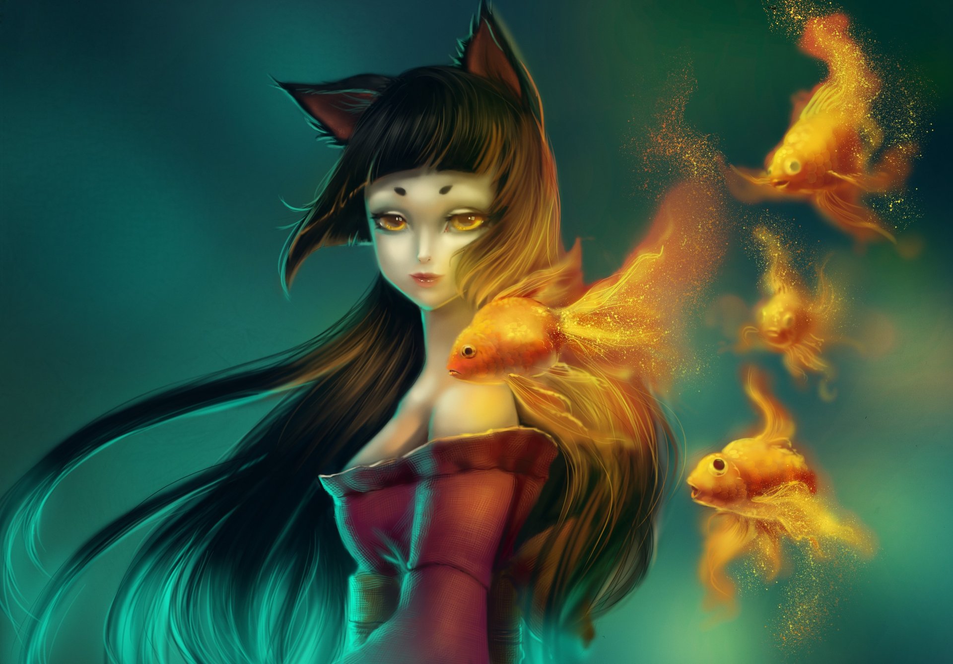 A fantasy-themed HD wallpaper featuring a woman with cat-like ears, surrounded by glowing goldfish, creating a mystical and enchanting atmosphere.
