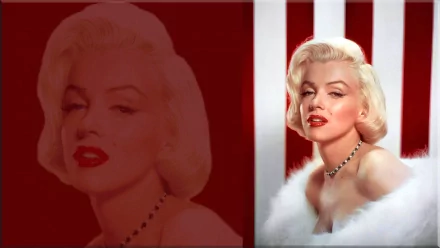 A stunning HD wallpaper featuring blonde actress Marilyn Monroe, portrayed in glamorous poses against a bold red and white background. A striking tribute to a timeless celebrity icon.