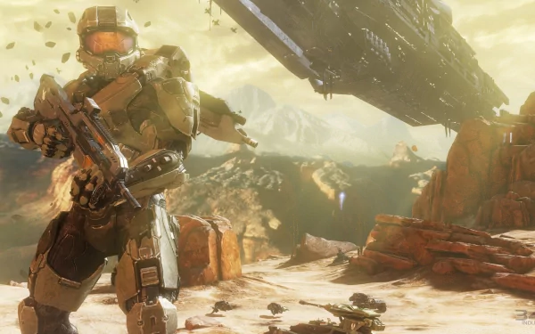 A detailed HD wallpaper featuring a character from Halo 4, standing with a weapon in a dramatic landscape, set against a backdrop of a flying ship and rocky terrain.