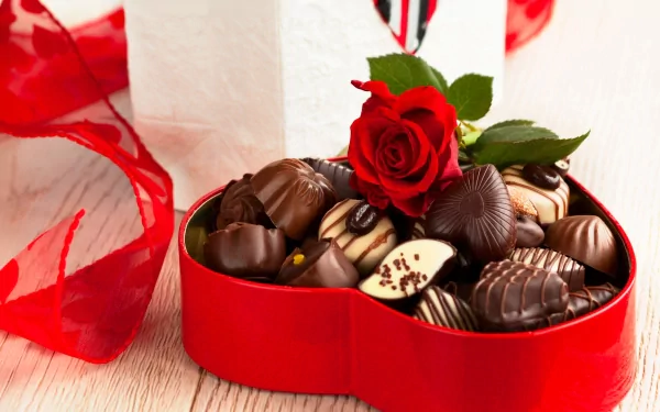 A heart-shaped box filled with assorted chocolates, topped with a red rose, sits beside a decorative white gift box, creating an inviting and romantic food-themed HD wallpaper.