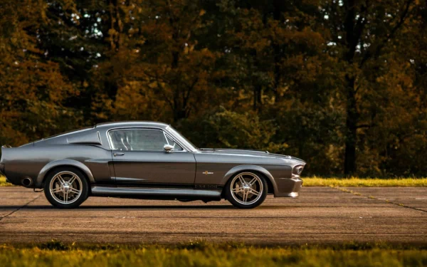 HD PC desktop wallpaper featuring a sleek Ford Mustang Shelby GT500 parked on a road with autumn trees in the background.