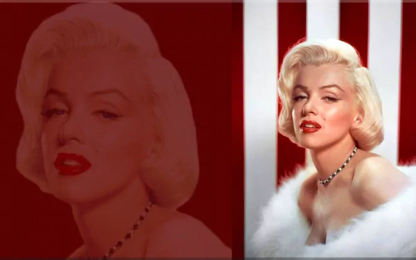 A stunning HD wallpaper featuring blonde actress Marilyn Monroe, portrayed in glamorous poses against a bold red and white background. A striking tribute to a timeless celebrity icon.