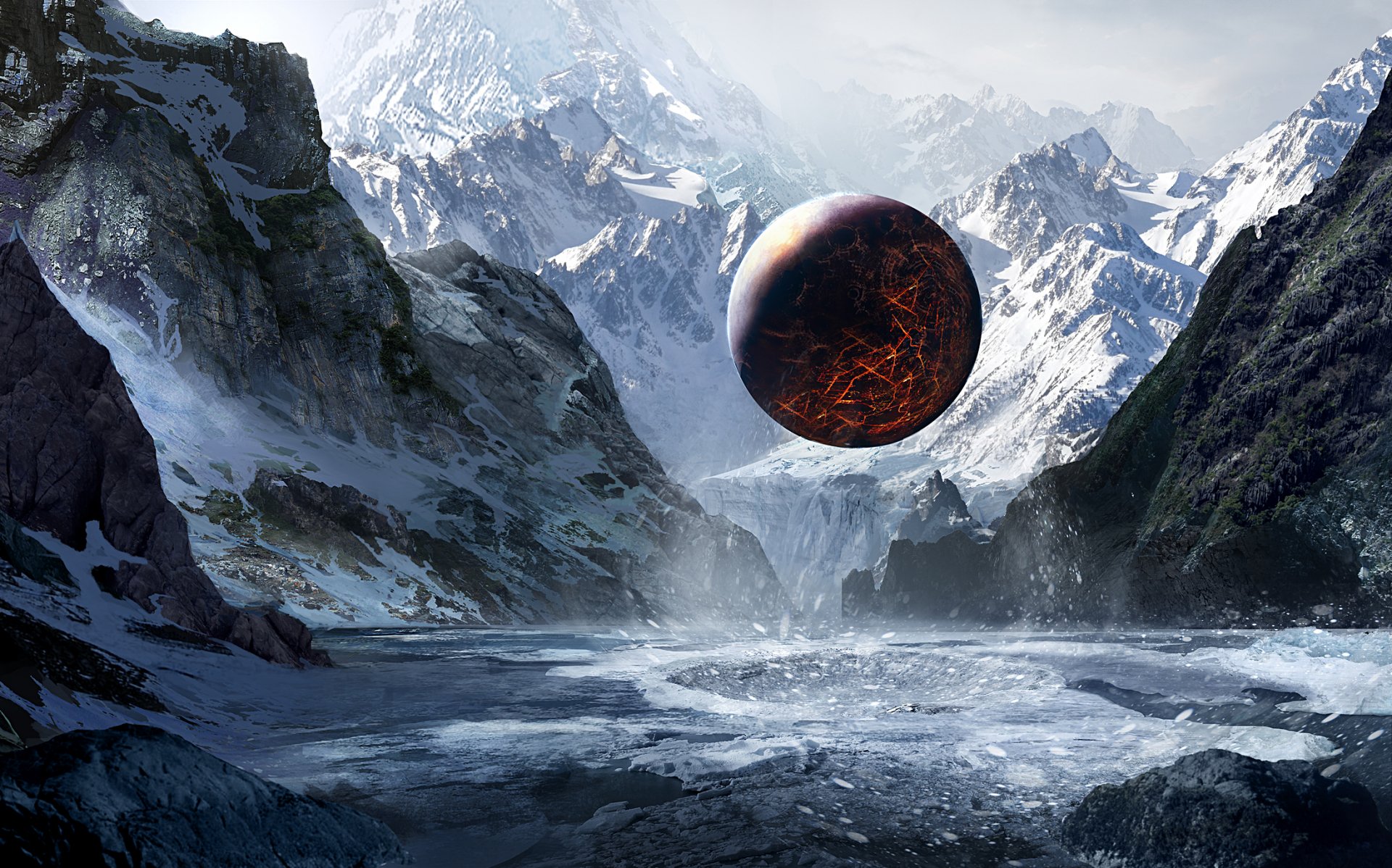 HD sci-fi desktop wallpaper depicting a dark sphere colliding above a frozen mountainous landscape under a cloudy sky.