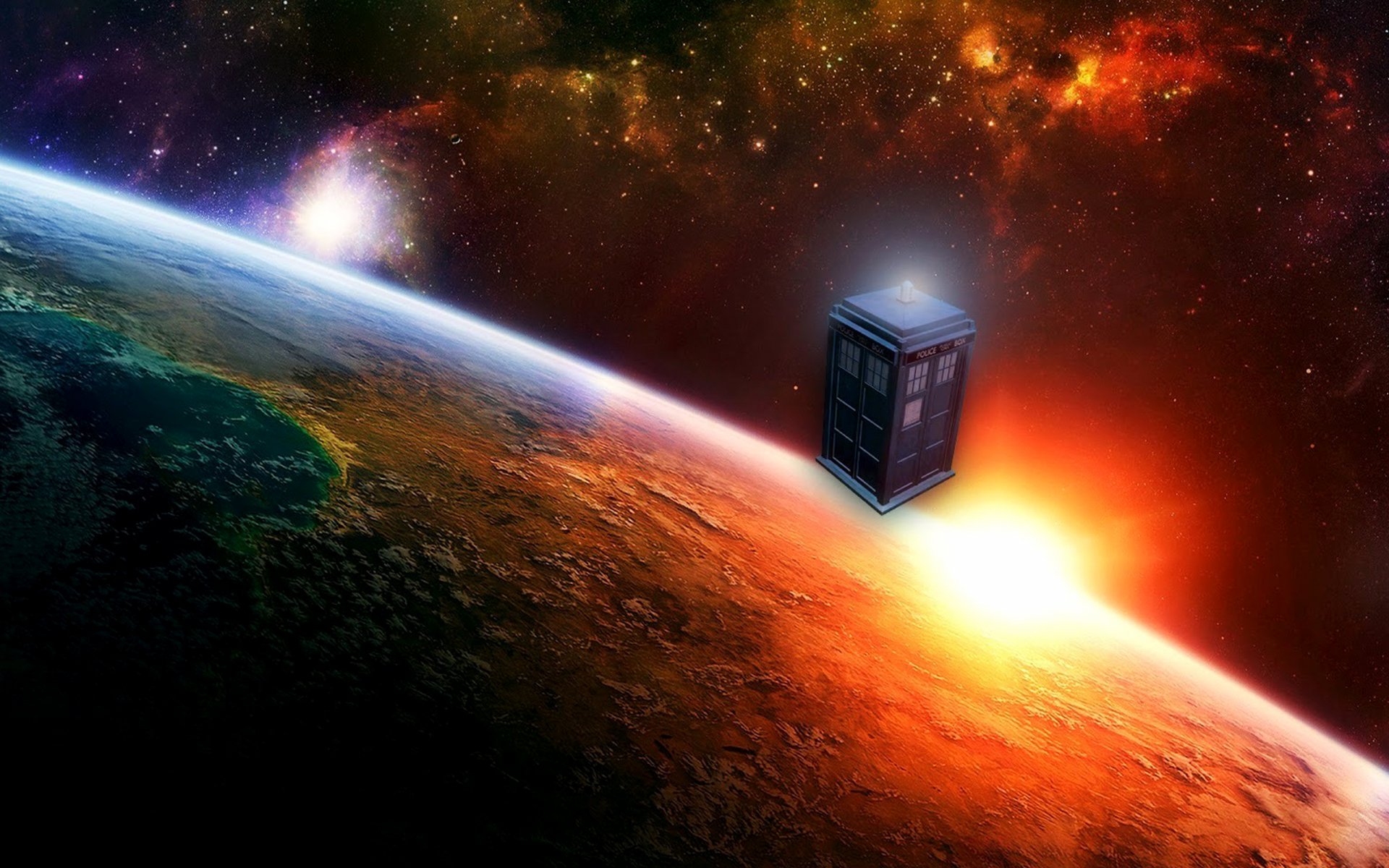 A captivating HD desktop wallpaper featuring the TARDIS from Doctor Who (2005) against a stunning cosmic backdrop, highlighting the beauty of space and time travel.
