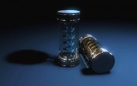 3D HD wallpaper featuring the Tyrant Virus DNA structure from Resident Evil, showcasing a detailed, futuristic vial design on a dark background.