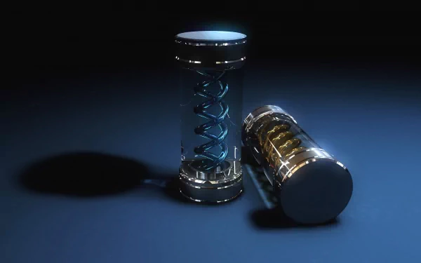 3D HD wallpaper featuring the Tyrant Virus DNA structure from Resident Evil, showcasing a detailed, futuristic vial design on a dark background.