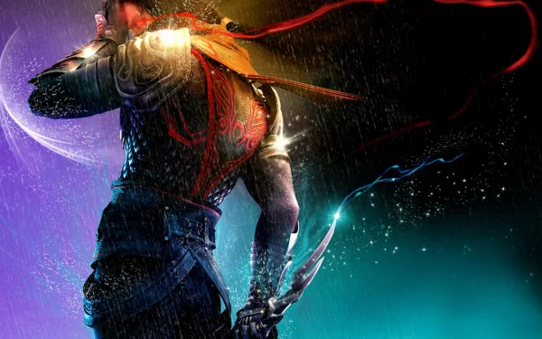 HD desktop wallpaper featuring a character from Prince of Persia, showcasing a dynamic pose with vibrant colors and a mystical background.