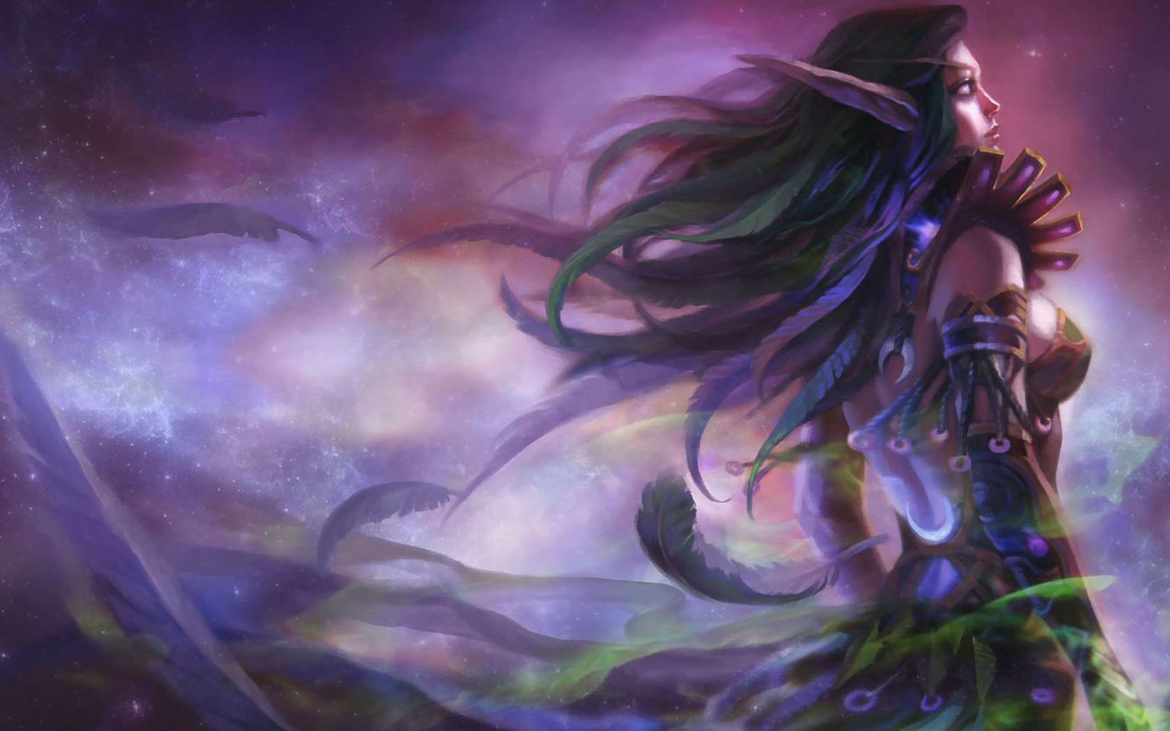 HD PC desktop wallpaper featuring a World of Warcraft elf character with flowing hair against a mystical, starry background from the video game.