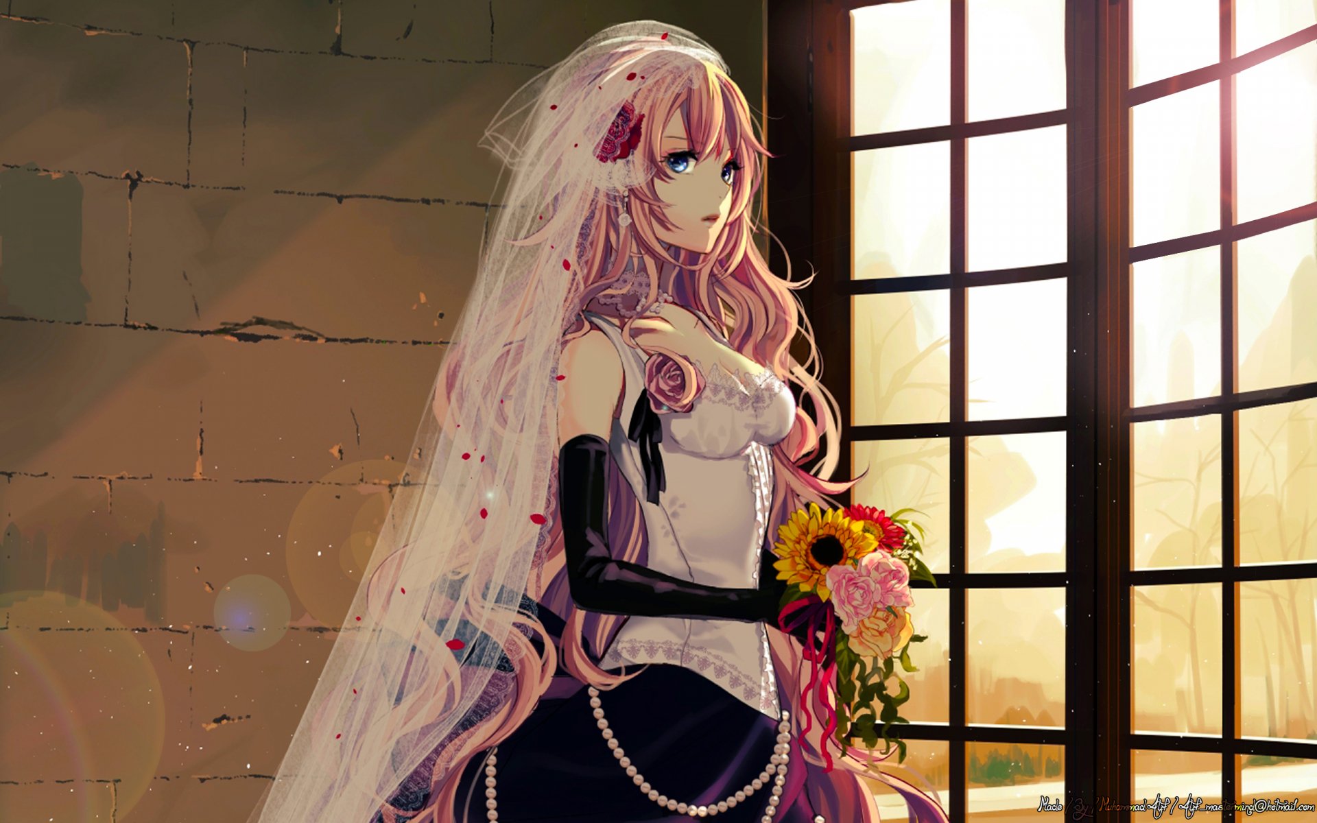 HD desktop wallpaper featuring Luka Megurine, a popular Vocaloid character, in an elegant outfit holding a flower bouquet. The background portrays a serene setting with sunlight streaming through large windows.