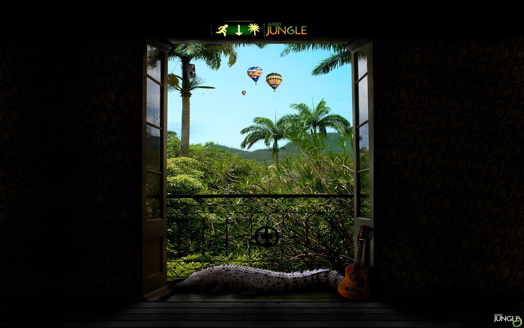 Artistic HD PC desktop wallpaper: view through an open window onto a lush jungle with palm trees, two hot-air balloons above, balcony railing and a shadowed interior.