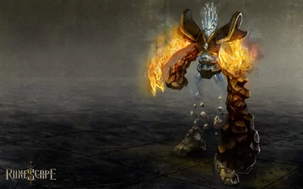 HD PC desktop wallpaper of a fiery Balance Elemental creature from the video game RuneScape, with glowing flames and rocky body parts in a dark, misty environment.