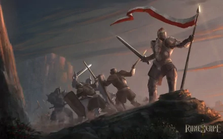 HD PC desktop wallpaper featuring armored warriors with swords and a flag in a dramatic, misty landscape from the video game RuneScape.
