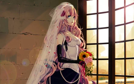 HD desktop wallpaper featuring Luka Megurine, a popular Vocaloid character, in an elegant outfit holding a flower bouquet. The background portrays a serene setting with sunlight streaming through large windows.