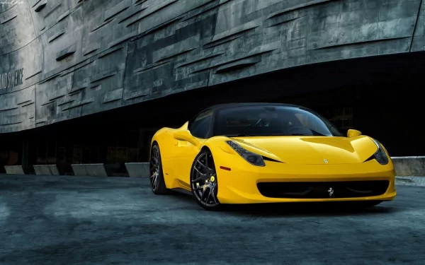 HD PC desktop wallpaper featuring a sleek yellow Ferrari 458 Italia parked against a modern industrial backdrop.